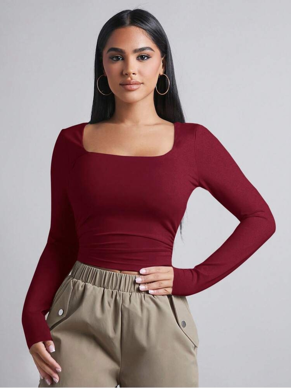 Gaze Women’s Sz XS Square Neck Long Sleeve Blouse Burgundy Cropped Sheen Stretch